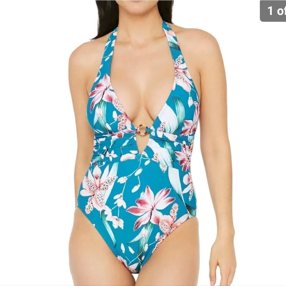La Blanca women's Flyaway Orchid floral Plunge One-Piece Halter Swimsuit size 8